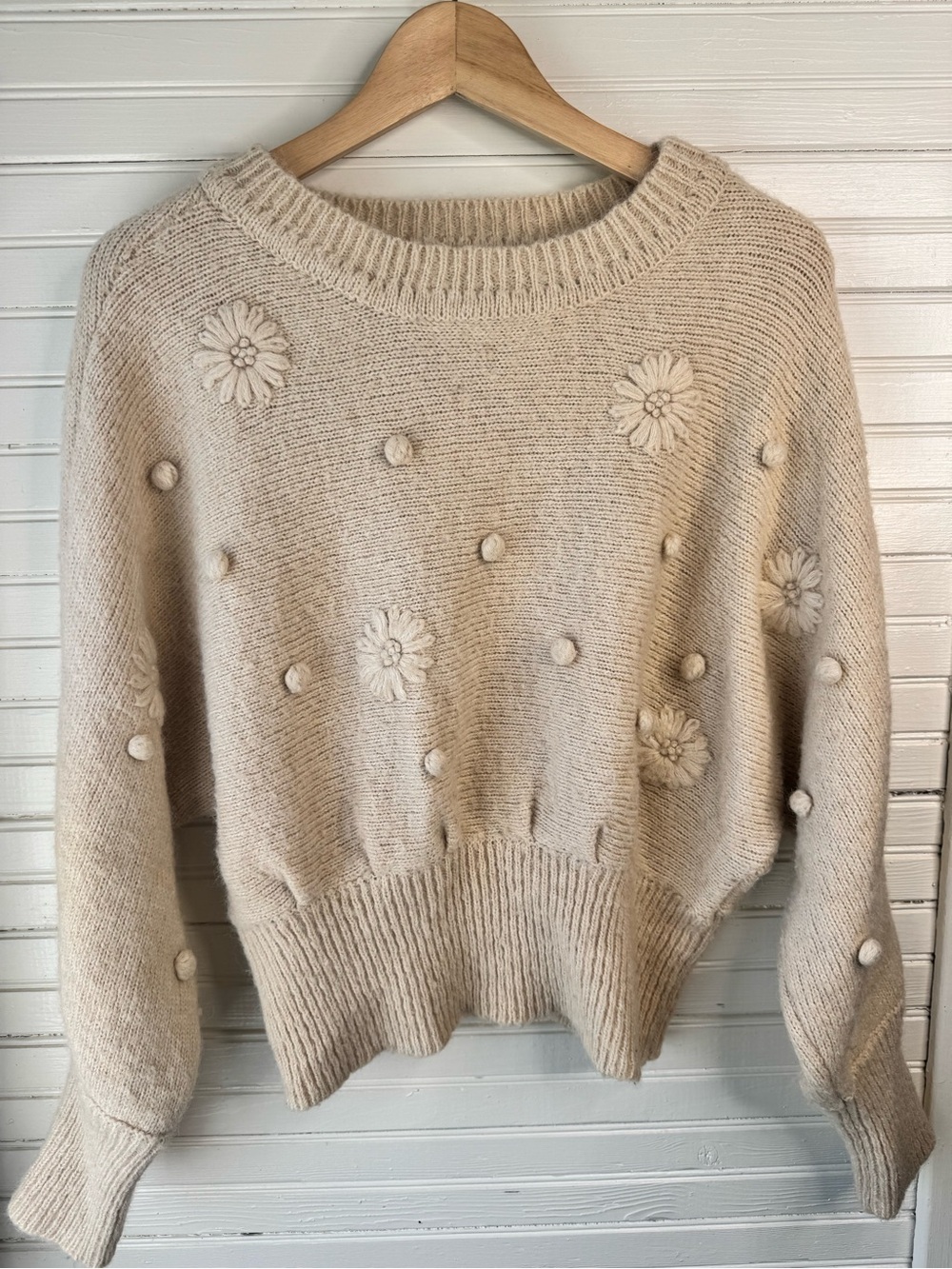 Lush Floral Pom-Pom Knit wool blend Sweater Sz L